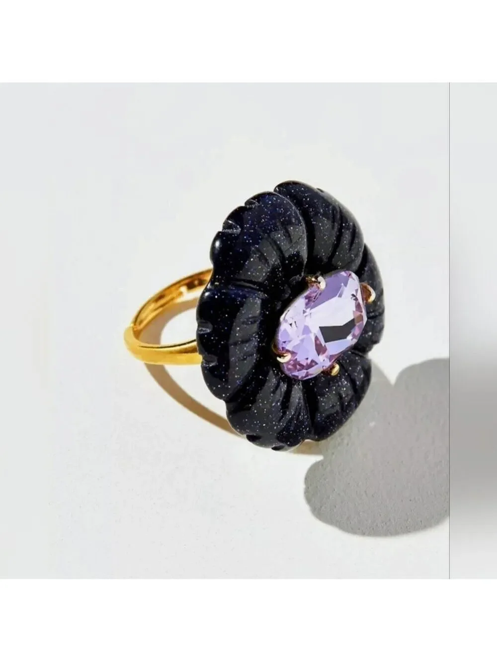 Anthropology 14k Gold Plated Floral Stone Midnight Blue. Purple Crystal.